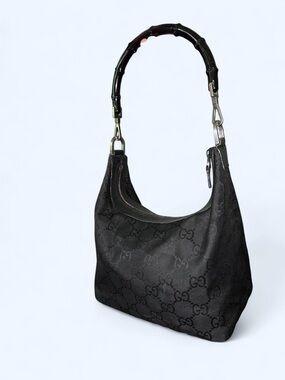 Gucci Black GG Monogram Hobo Shoulder Bag with Bamboo Handle